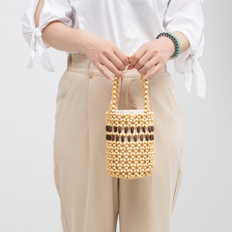 Buddha Stones Hand-woven Bucket Portable Wooden Beads Handbag - image 13