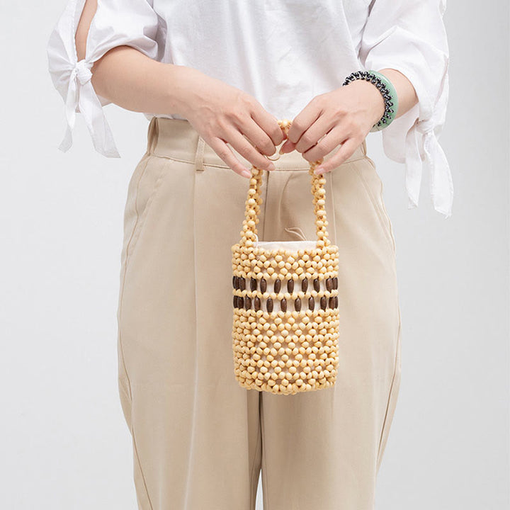 Buddha Stones Hand-woven Bucket Portable Wooden Beads Handbag - image 13