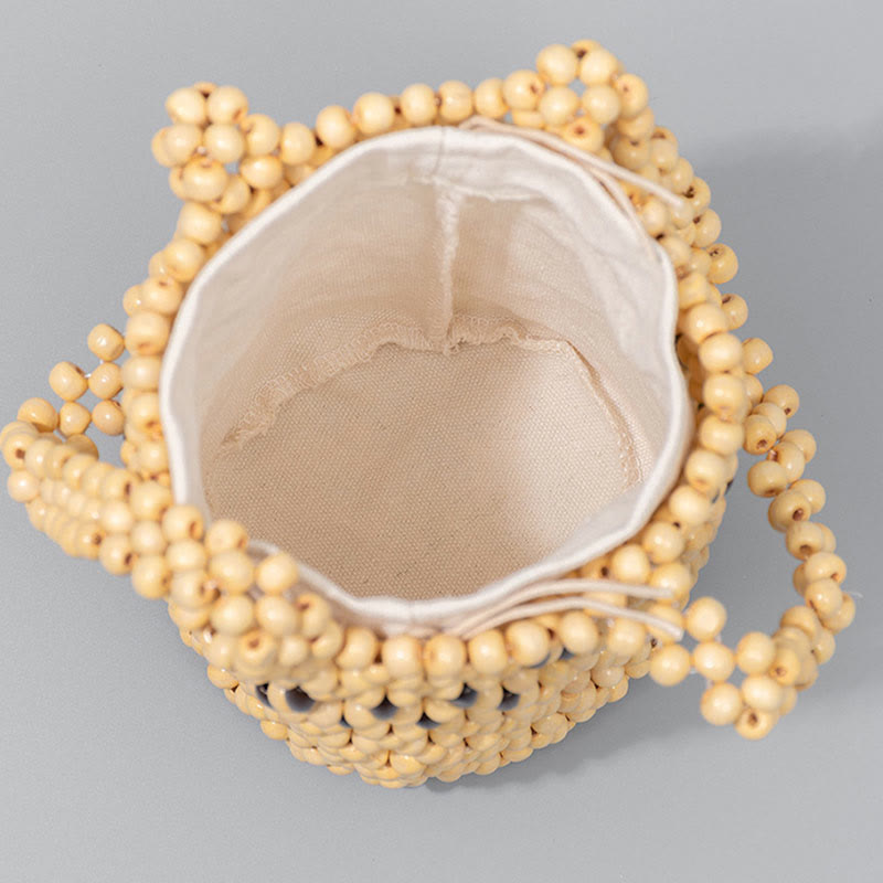 Buddha Stones Hand-woven Bucket Portable Wooden Beads Handbag - image 9