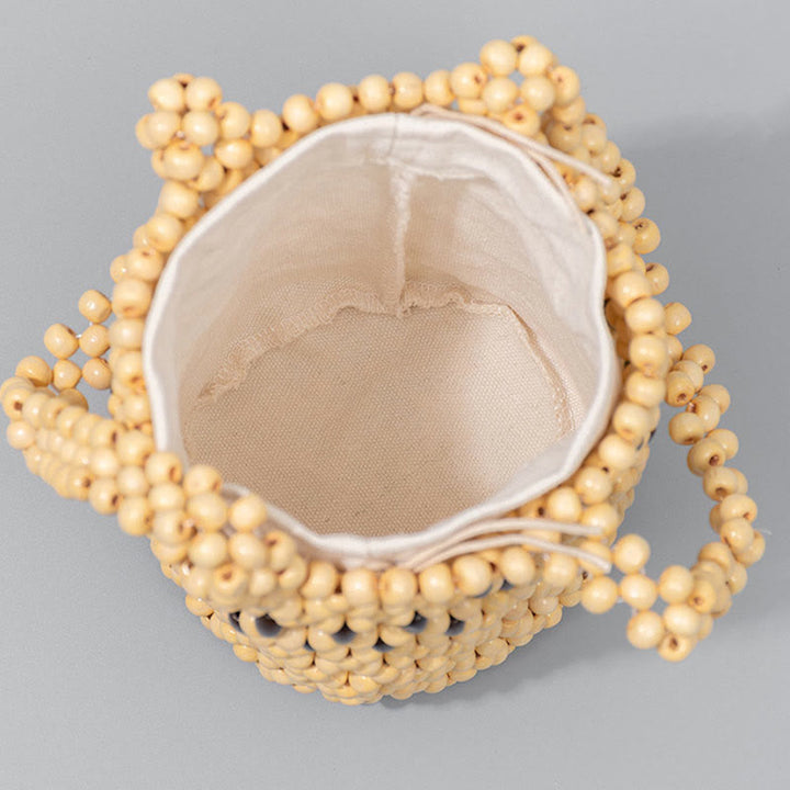 Buddha Stones Hand-woven Bucket Portable Wooden Beads Handbag - image 9