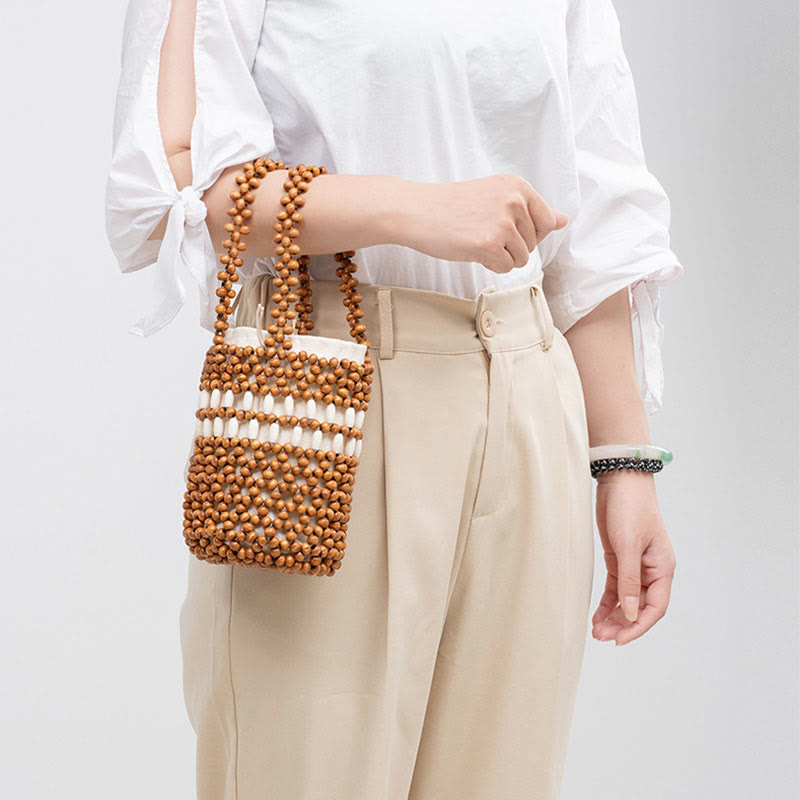 Buddha Stones Hand-woven Bucket Portable Wooden Beads Handbag - image 6