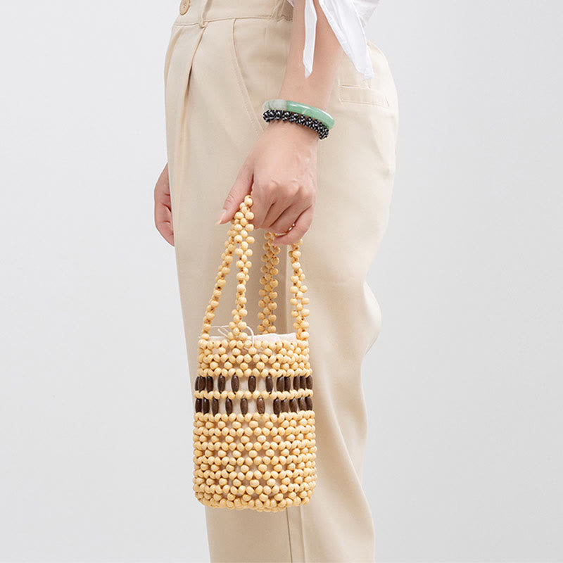 Buddha Stones Hand-woven Bucket Portable Wooden Beads Handbag - image 12