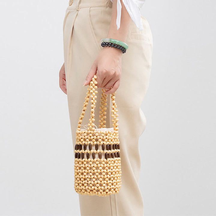 Buddha Stones Hand-woven Bucket Portable Wooden Beads Handbag - image 12