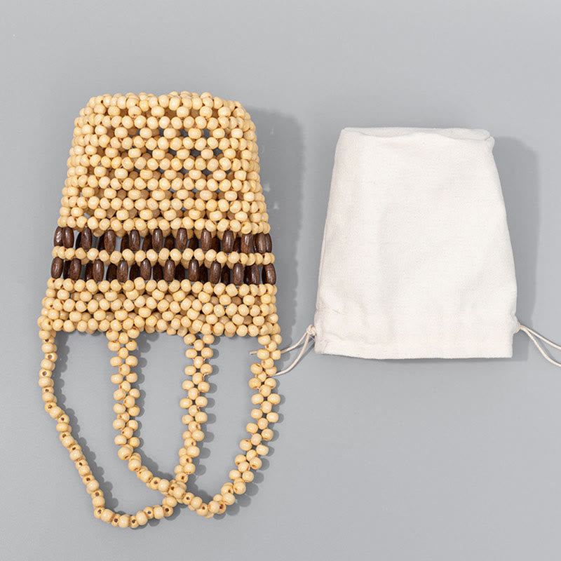 Buddha Stones Hand-woven Bucket Portable Wooden Beads Handbag - image 8