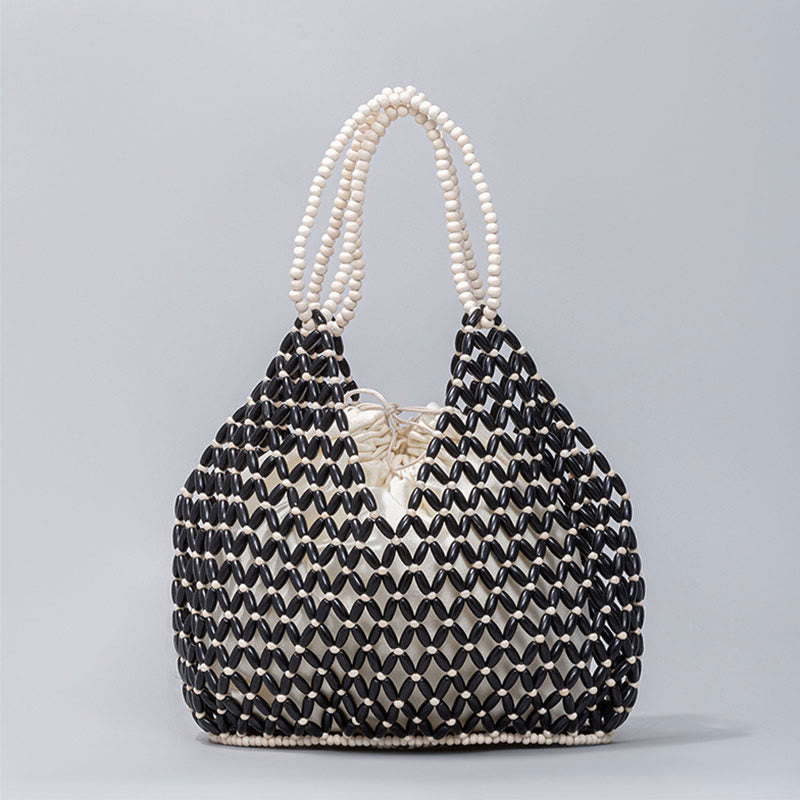 Buddha Stones Hand-woven Wooden Beads Shoulder Bag Handbags - Black 27*12*29cm - image 6
