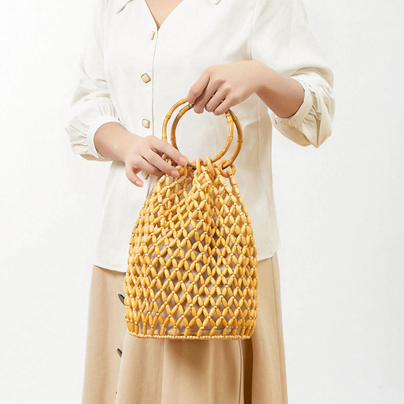Buddha Stones Hand-woven Wooden Beads Bamboo Handle Shoulder Bag Handbag - image 1