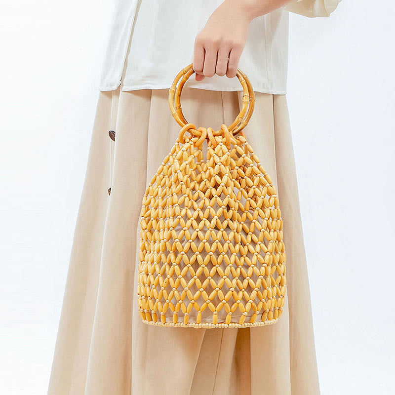 Buddha Stones Hand-woven Wooden Beads Bamboo Handle Shoulder Bag Handbag - image 2