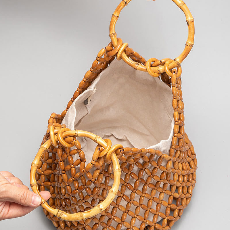 Buddha Stones Hand-woven Wooden Beads Bamboo Handle Shoulder Bag Handbag - image 10