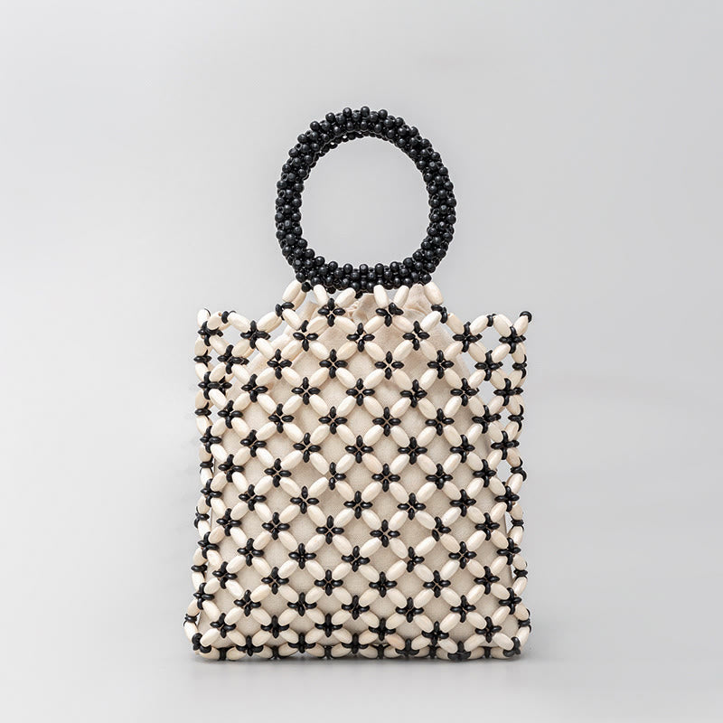 Buddha Stones Hand-woven Lozenge Wooden Beads Handbag - White 23*23*2.5cm - image 6