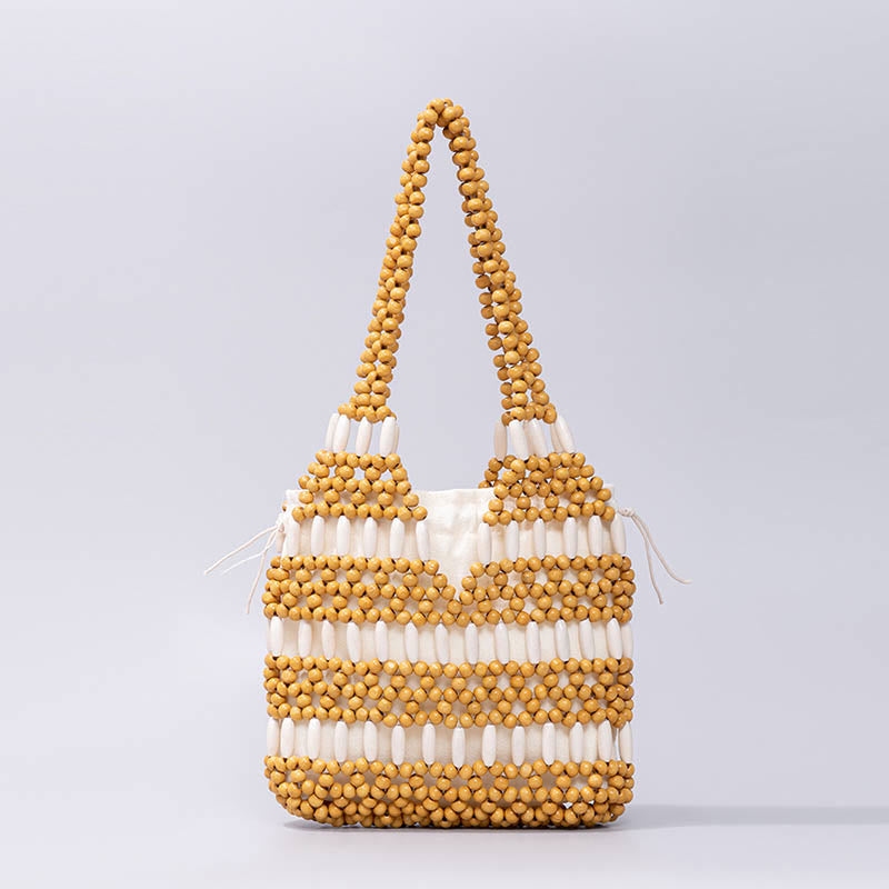Buddha Stones Hand-woven Round Wooden Beads Shoulder Bag - Yellow 20*4*20cm - image 0