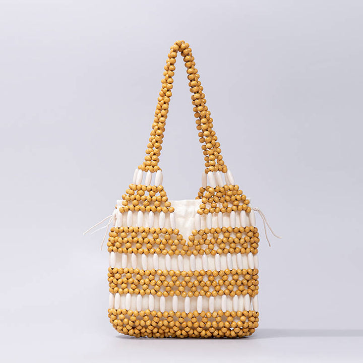 Buddha Stones Hand-woven Round Wooden Beads Shoulder Bag - Yellow 20*4*20cm - image 0