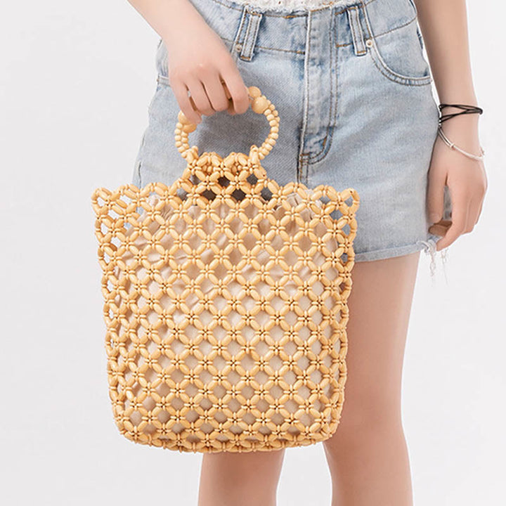 Buddha Stones Hand-woven Fishing Line Braiding Mesh Hollow Wooden Beads Handbag - image 6