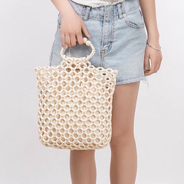 Buddha Stones Hand-woven Fishing Line Braiding Mesh Hollow Wooden Beads Handbag - image 10