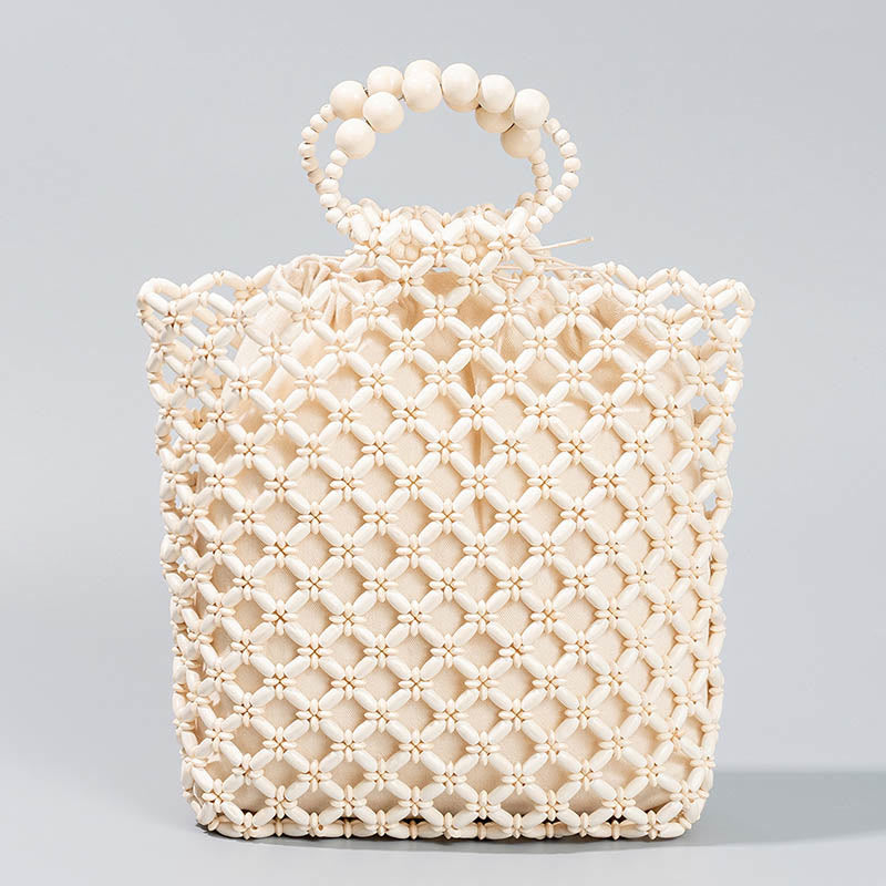 Buddha Stones Hand-woven Fishing Line Braiding Mesh Hollow Wooden Beads Handbag - Ivory 30*10*27cm - image 8