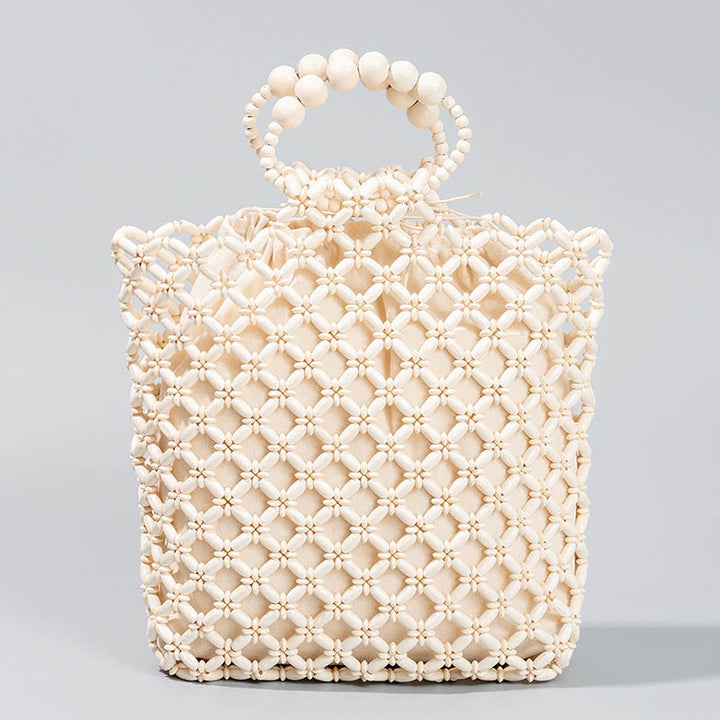Buddha Stones Hand-woven Fishing Line Braiding Mesh Hollow Wooden Beads Handbag - Ivory 30*10*27cm - image 8