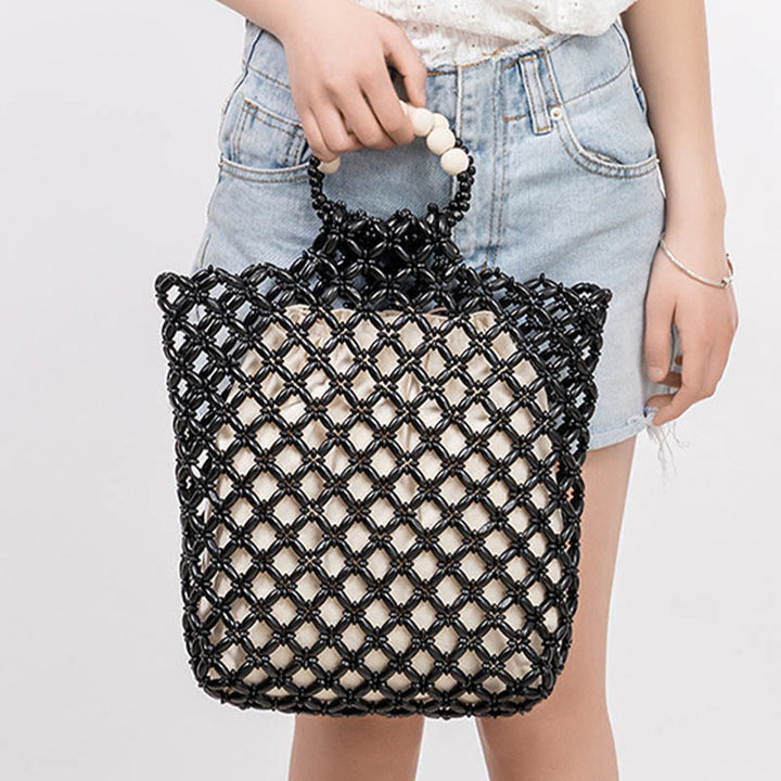 Buddha Stones Hand-woven Fishing Line Braiding Mesh Hollow Wooden Beads Handbag - image 12