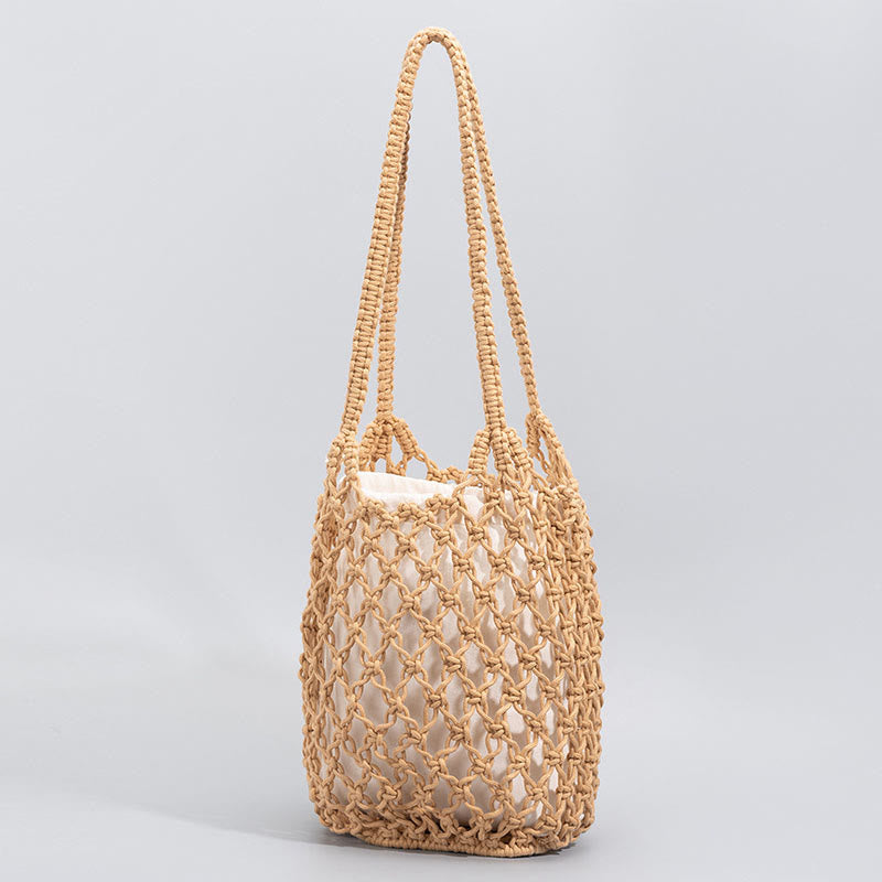 Buddha Stones Hand-woven Cotton Thread Shoulder Bag Handbags - Yellow 23*15*27cm - image 0