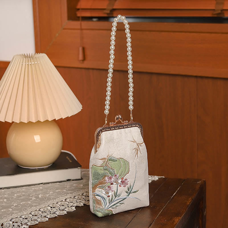 Buddha Stones Mountain Stone Orchid Pattern Pearl Chain Crossbody Bag Handbag - image 2