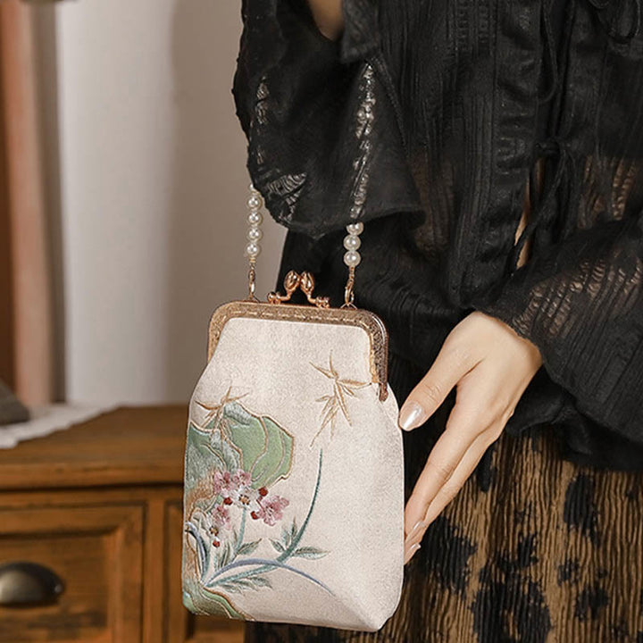 Buddha Stones Mountain Stone Orchid Pattern Pearl Chain Crossbody Bag Handbag - image 1