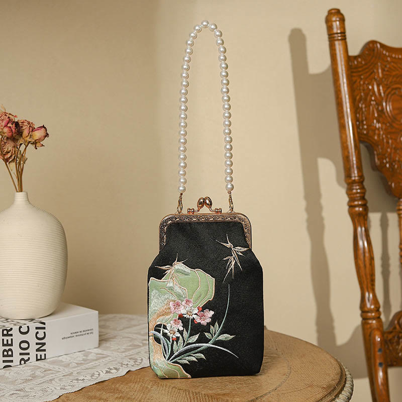 Buddha Stones Mountain Stone Orchid Pattern Pearl Chain Crossbody Bag Handbag - Black 12*5*18cm - image 8