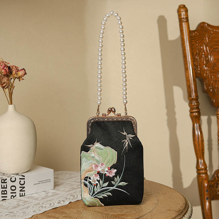 Buddha Stones Mountain Stone Orchid Pattern Pearl Chain Crossbody Bag Handbag - Black 12*5*18cm - image 8