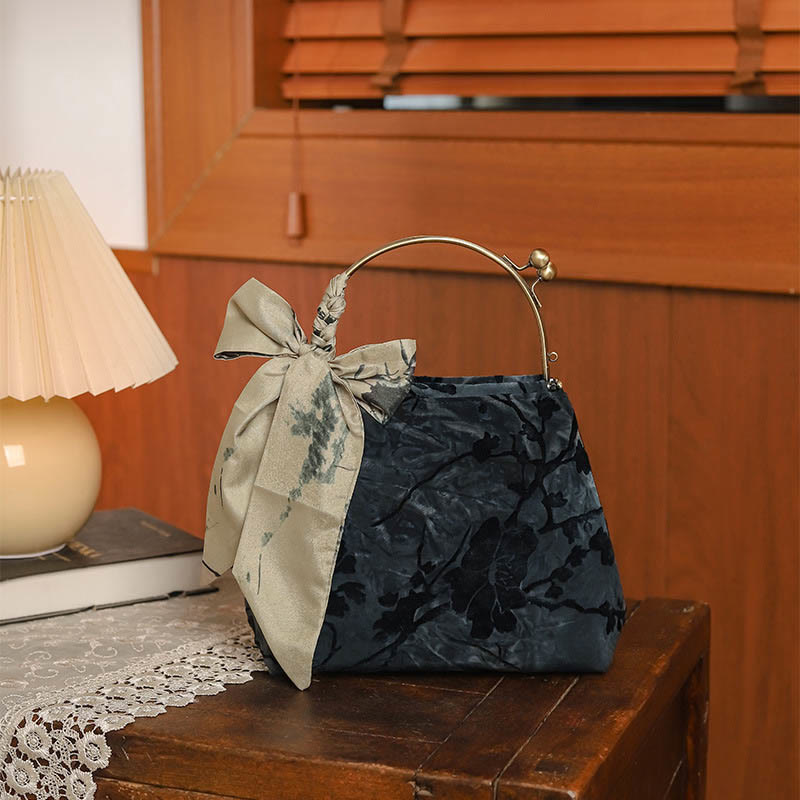 Buddha Stones Velvet Jacquard Metal Chain Crossbody Bag Handbags - Black 21*10*17.5cm - image 7