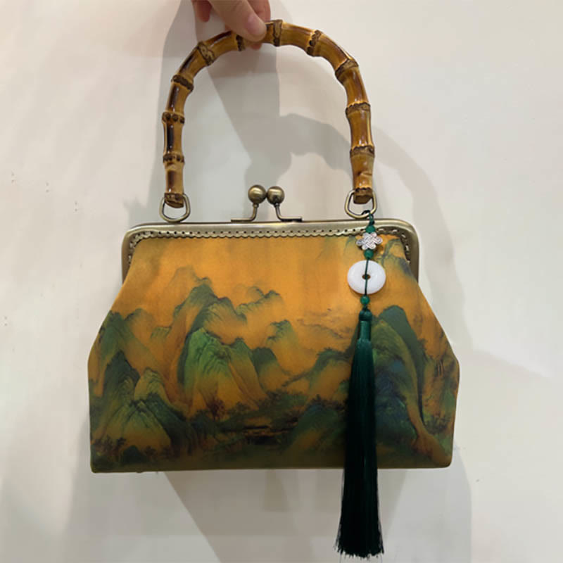 Buddha Stones Green Plants Mountains Bamboo Handle Metal Chain Crossbody Bag Handbags - Orange 28*7*20cm - image 8