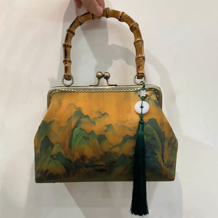 Buddha Stones Green Plants Mountains Bamboo Handle Metal Chain Crossbody Bag Handbags - Orange 28*7*20cm - image 8