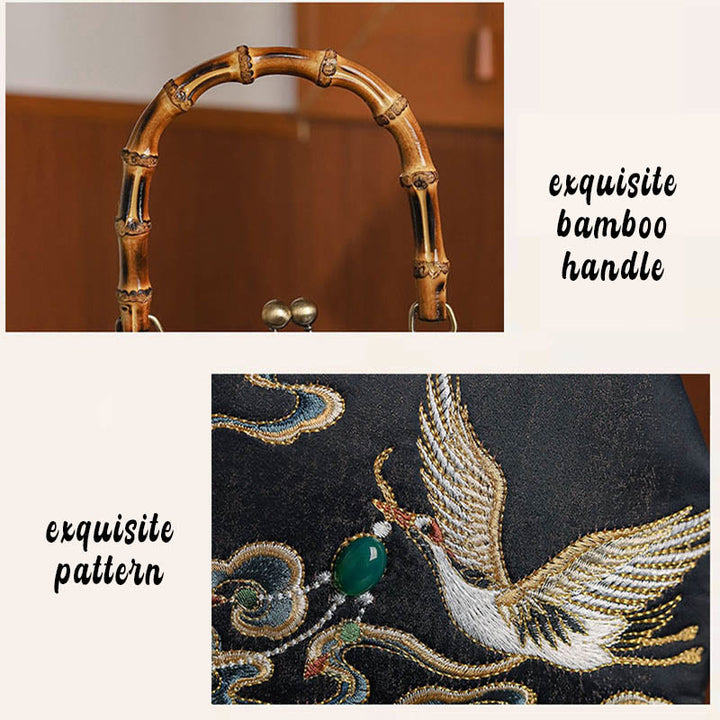 Buddha Stones Auspicious Clouds Cranes Embroidery Bamboo Handle Handbag Crossbody Bag - image 7