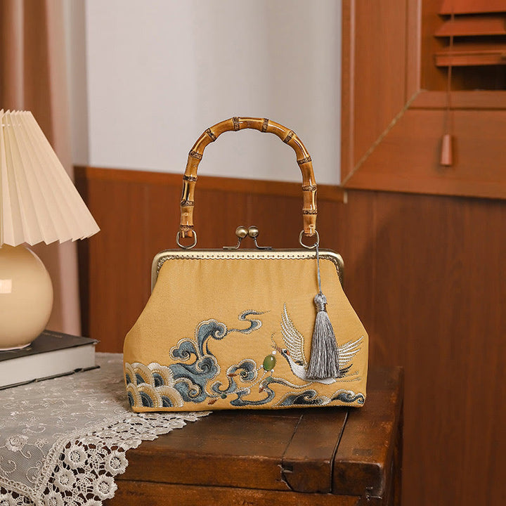 Buddha Stones Auspicious Clouds Cranes Embroidery Bamboo Handle Handbag Crossbody Bag - Auspicious Clouds Cranes Yellow 24*8.5*16.5cm - image 5