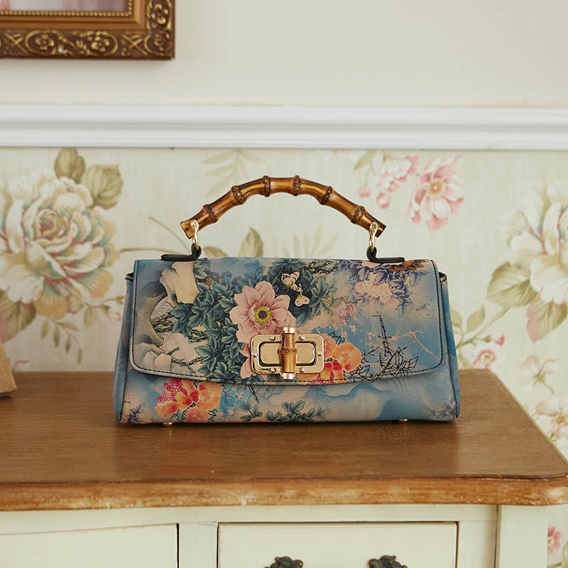 Buddha Stones Flower Pattern Bamboo Handle Metal Chain Crossbody Bag Handbags - Blue 29*14*7cm - image 0