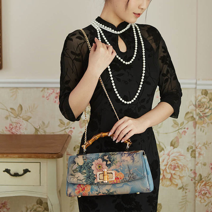 Buddha Stones Flower Pattern Bamboo Handle Metal Chain Crossbody Bag Handbags - image 2