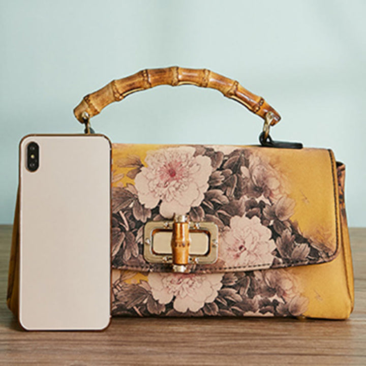 Buddha Stones Flower Pattern Bamboo Handle Metal Chain Crossbody Bag Handbags - image 4