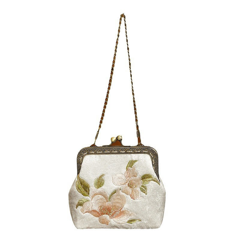 Buddha Stones Orchids Oriental Cherry Butterfly Embroidery Metal Handle Handbag  - image 2