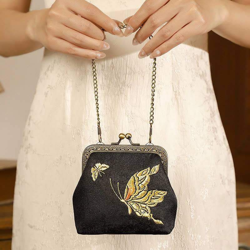 Buddha Stones Orchids Oriental Cherry Butterfly Embroidery Metal Handle Handbag  - Butterfly Black 11*4*11cm - image 5