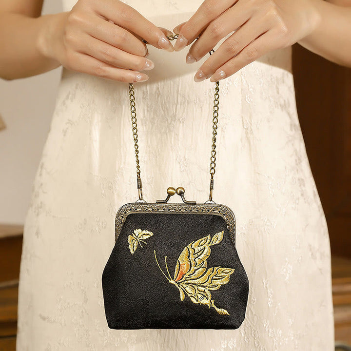 Buddha Stones Orchids Oriental Cherry Butterfly Embroidery Metal Handle Handbag  - Butterfly Black 11*4*11cm - image 5