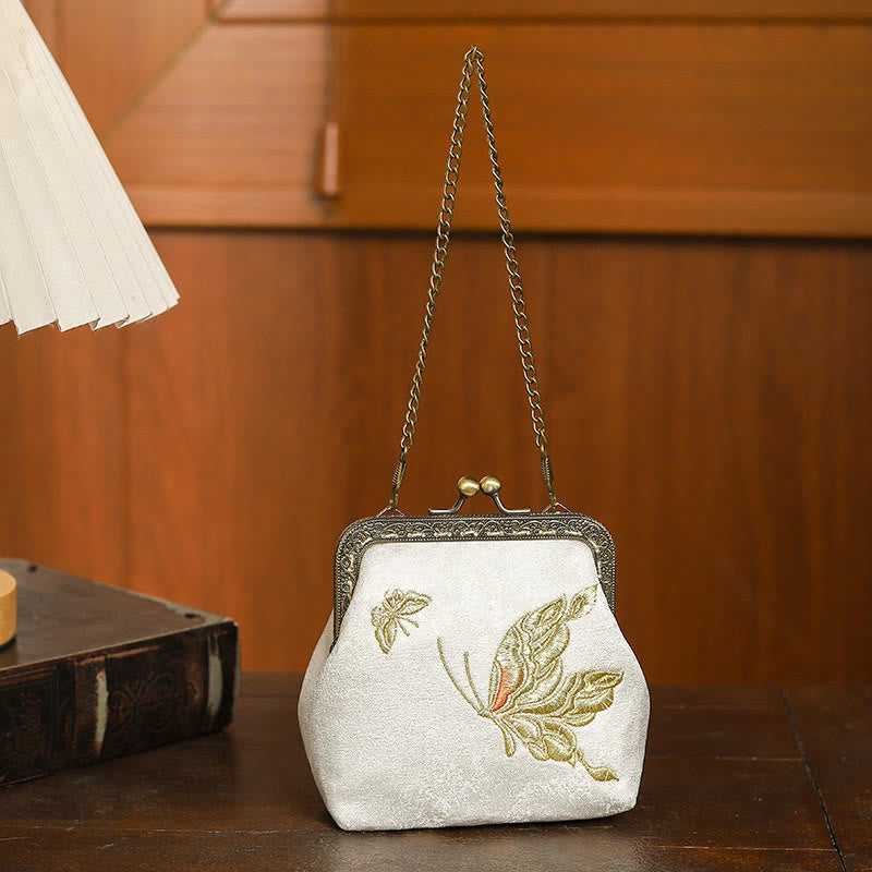 Buddha Stones Orchids Oriental Cherry Butterfly Embroidery Metal Handle Handbag  - image 8
