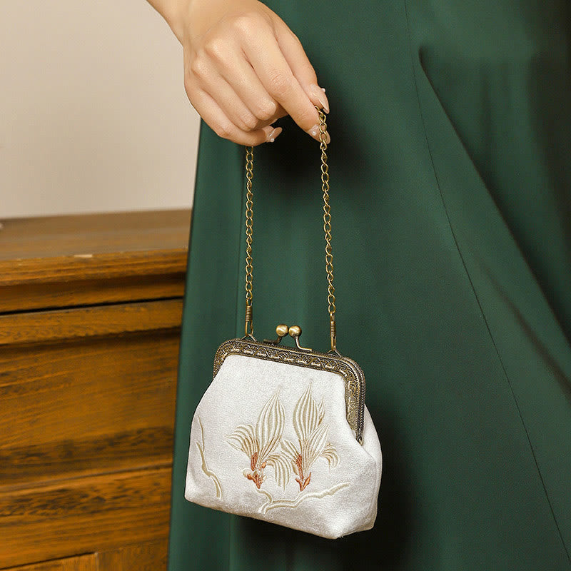 Buddha Stones Orchids Oriental Cherry Butterfly Embroidery Metal Handle Handbag  - Orchid 11*4*11cm - image 9