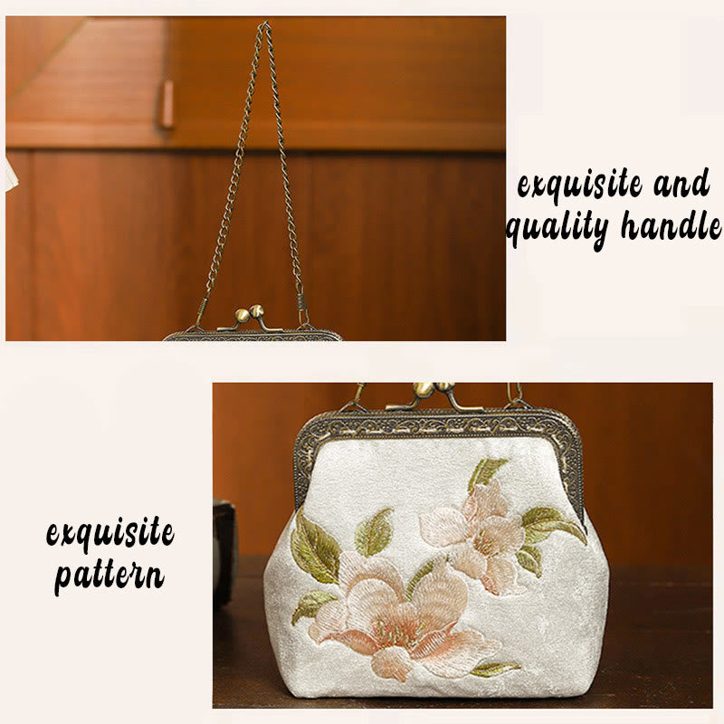Buddha Stones Orchids Oriental Cherry Butterfly Embroidery Metal Handle Handbag  - image 4