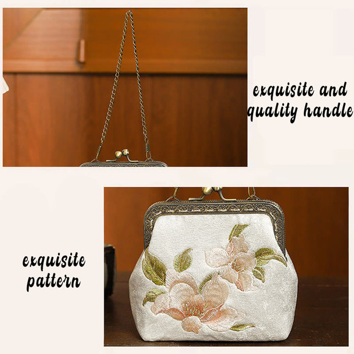 Buddha Stones Orchids Oriental Cherry Butterfly Embroidery Metal Handle Handbag  - image 4