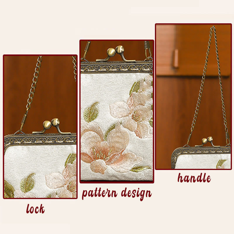 Buddha Stones Orchids Oriental Cherry Butterfly Embroidery Metal Handle Handbag  - image 3