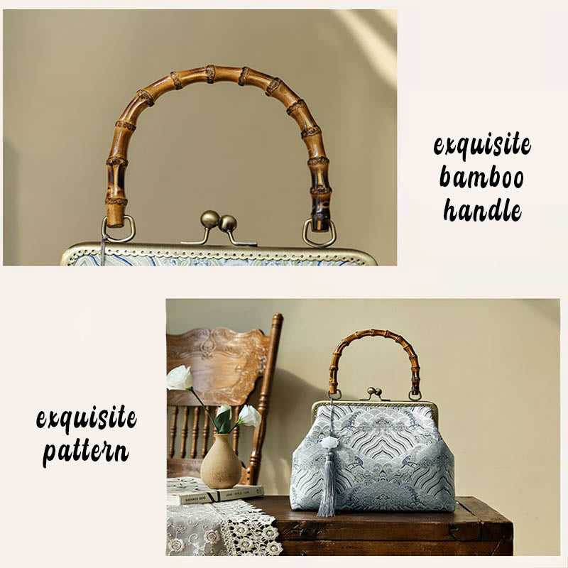 Buddha Stones Silver Lines Bamboo Handle Metal Chain Crossbody Bag Handbags - image 4