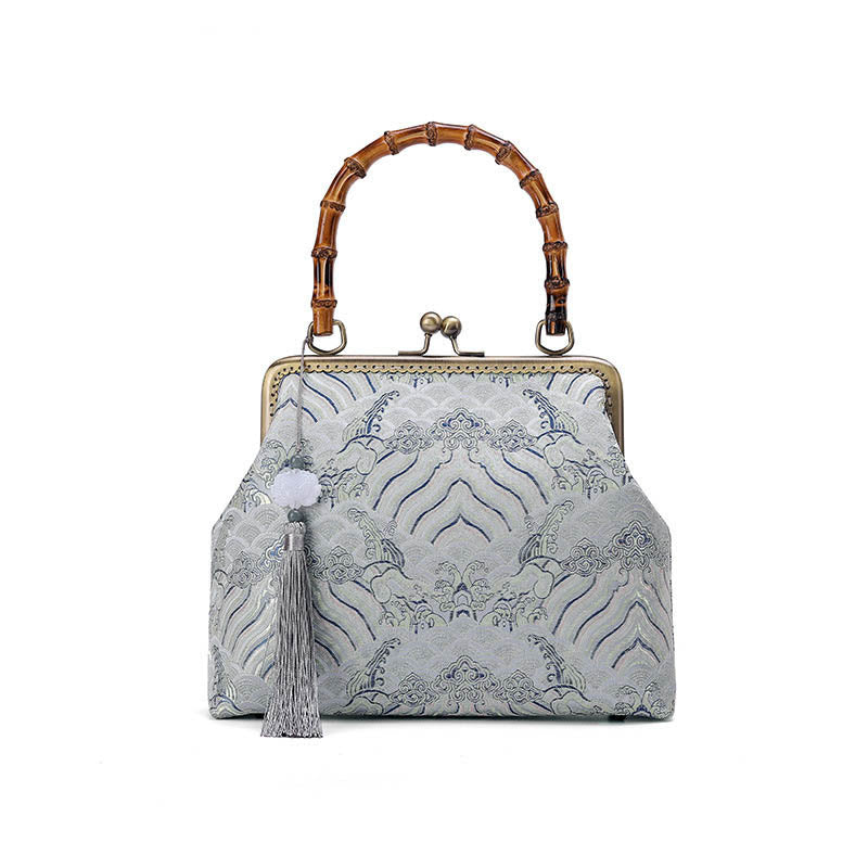 Buddha Stones Silver Lines Bamboo Handle Metal Chain Crossbody Bag Handbags - image 7