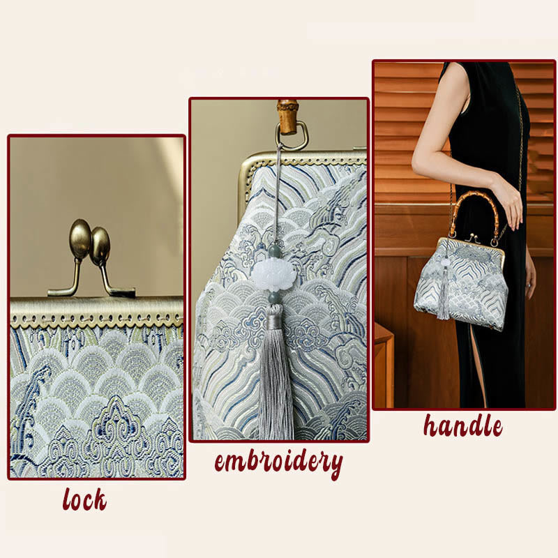 Buddha Stones Silver Lines Bamboo Handle Metal Chain Crossbody Bag Handbags - image 5