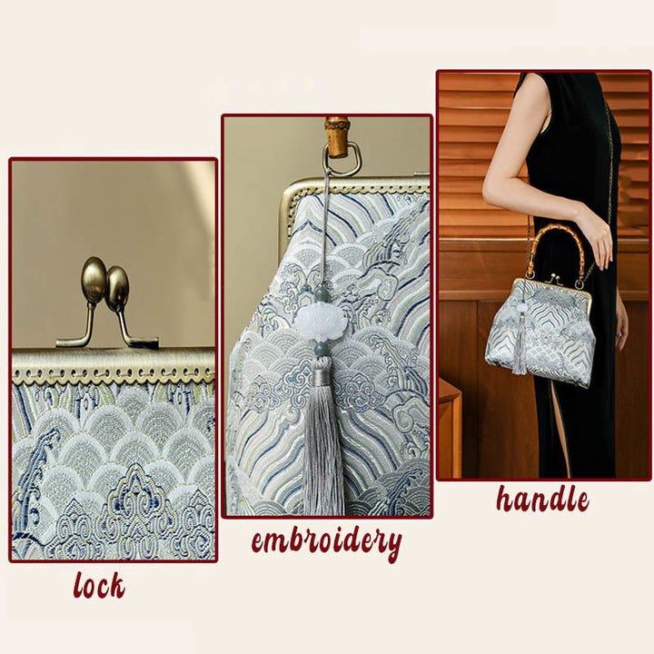 Buddha Stones Silver Lines Bamboo Handle Metal Chain Crossbody Bag Handbags - image 5