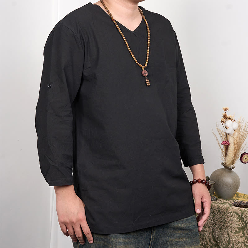 Buddha Stones Solid Color Three Quarter Sleeve Men's T-shirt - Black - US/UK/AU48，EU58 (4XL) - image 3