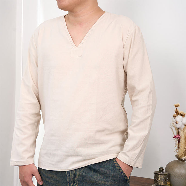 Buddha Stones Solid Color V-Neck Long Sleeve Cotton Linen Men's T-shirt - Linen - US/UK/AU46，EU56 (3XL) - image 6