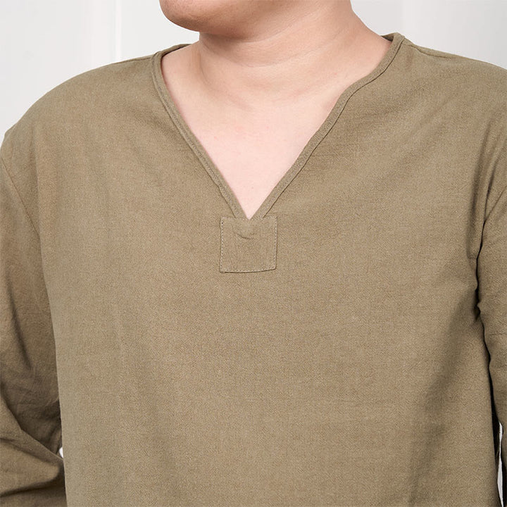 Buddha Stones Solid Color V-Neck Long Sleeve Cotton Linen Men's T-shirt - image 4