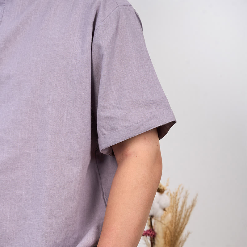 Buddha Stones Men's Plain Color Short Sleeve Half Button Cotton Linen Shirt - image 9
