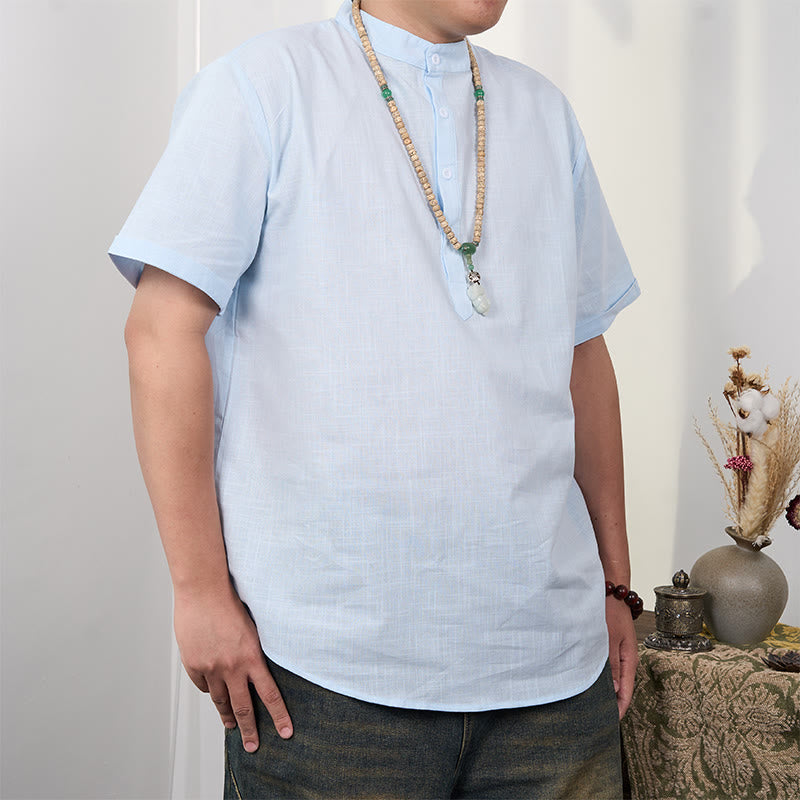 Buddha Stones Men's Plain Color Short Sleeve Half Button Cotton Linen Shirt - LightSkyBlue - US/UK/AU44，EU54 (3XL) - image 13